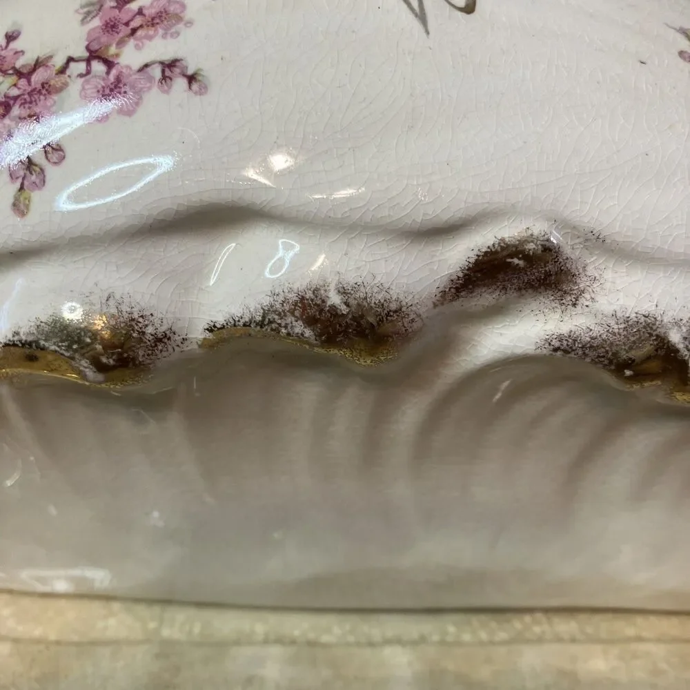 Antique Porcelain Butter Cheese Keeper W/ Lid Pink Flowers Cherry Blossom Gold